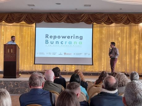 Cllr. Jack Murray, Cathaoirleach of Donegal County Council and Paul Kelly, Senior Executive Planner, Regeneration Development Team, Donegal County Council briefing attendees on the “Repowering Buncrana Project”